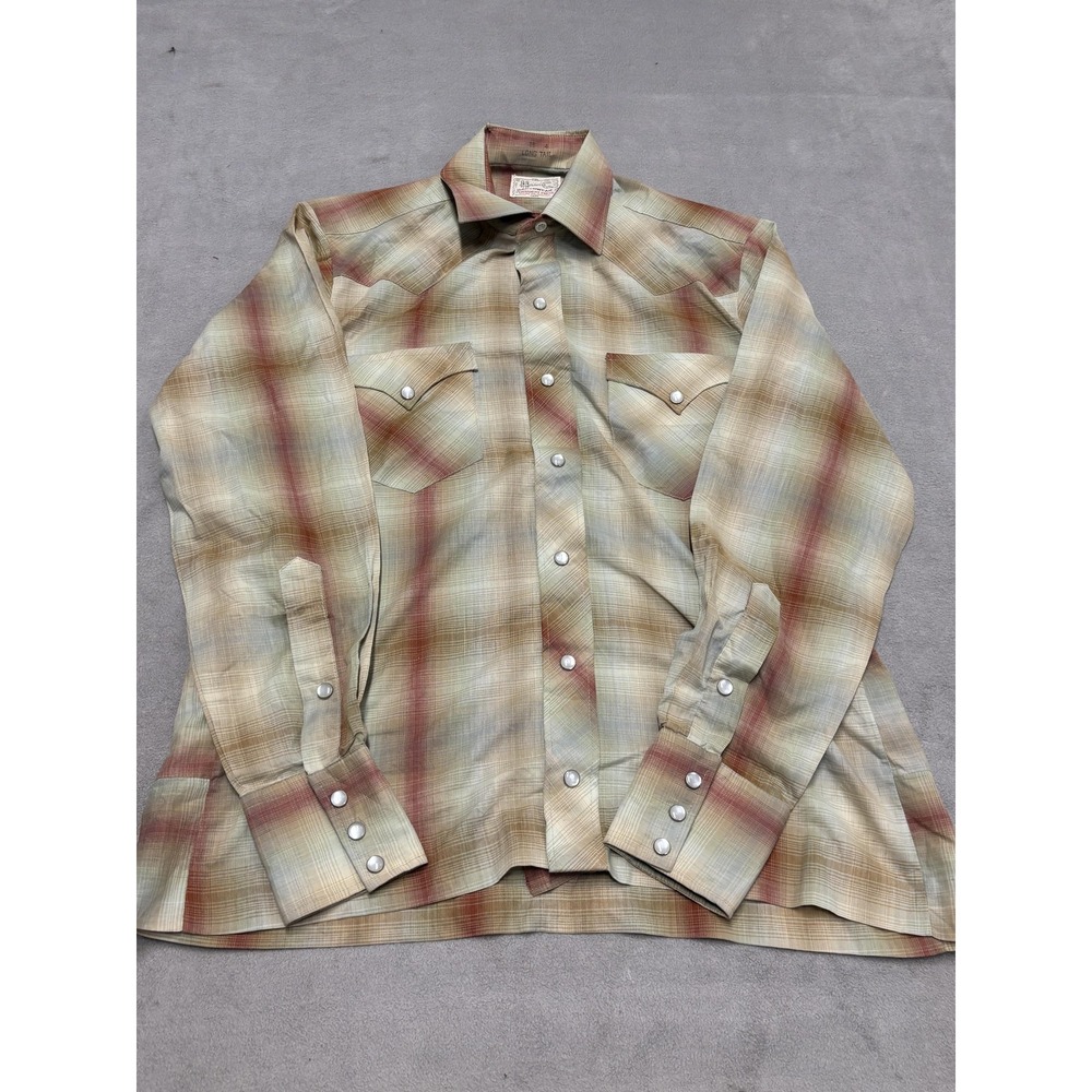 Vintage H Bar C Ranchwear Shirt Mens 16 Beige Plaid Western Pearl Snap Long Tail